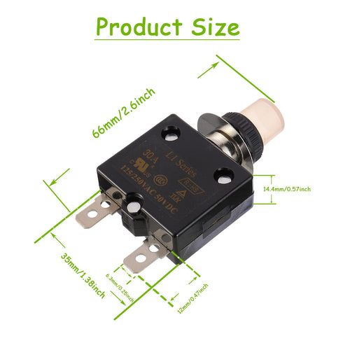 30A Manual Reset Push Button Circuit Breaker 125/250V AC 50V DC with Quick Connect Terminals and Waterproof Caps