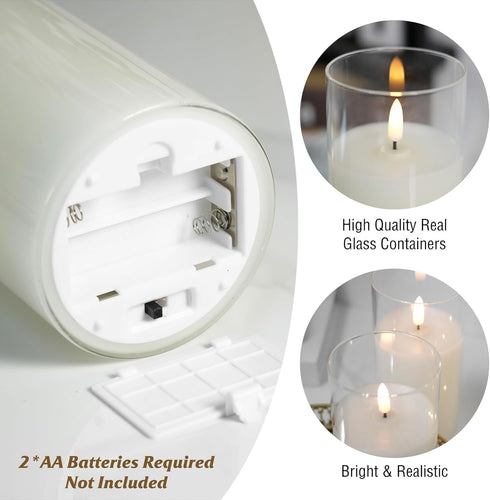 3Pack Flameless Candle in Glass, Flashing LED Pillar Real Wax Fake Candle with Remote Control and Timer, Battery
