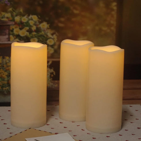 Outdoor Waterproof Battery Operated 3'' x 7'' Flameless Pillar Candle with Timer for Wedding Party Halloween