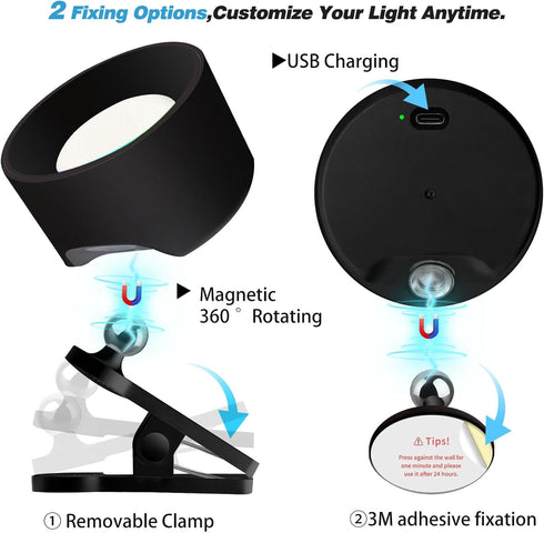 2 3 Dimmable 360 Adetu Pcs LED Wall Mounted Lights, RGB Wall Sconces Lamp with Rechargeable Battery Operated USB Port