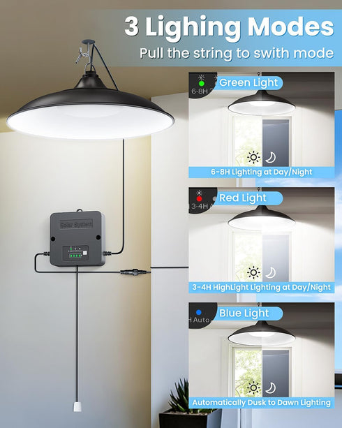2000LM IP65 Solar Shed Light Indoor Outdoor, Solar Pendant Light Outdoor, Daytime Available with Pull String Switch