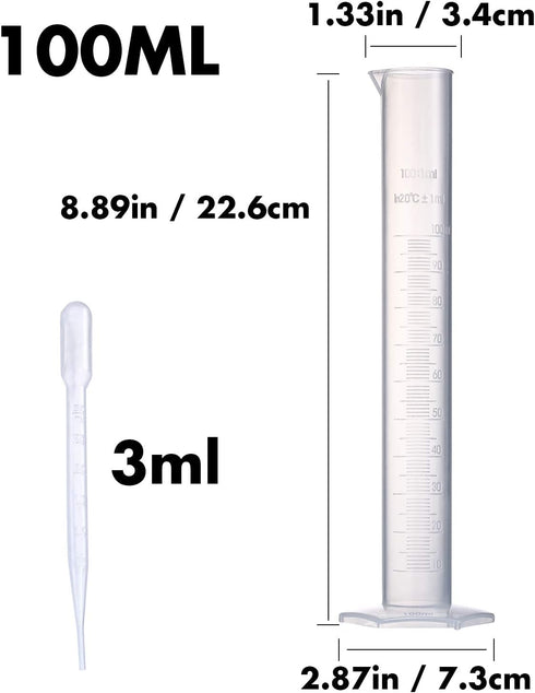 Measuring Cylinder Set, 4 Sizes Graduated Polypropylene Lab Test Tubes in 100 ml, 50 ml, 25 ml, 10 ml for Laboratory, & Science Experiments with 4 Plastic Droppers in 3 ml