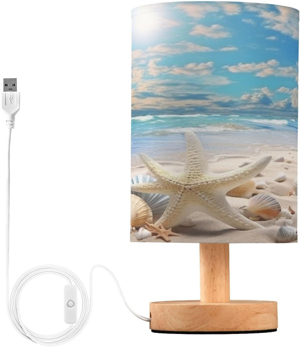 Starfish Summer Beach Bedside Table Lamp, Small Eye Care LED Desk Reading Lamp, USB Port, Wood Base, Flaxen Fabric Shade