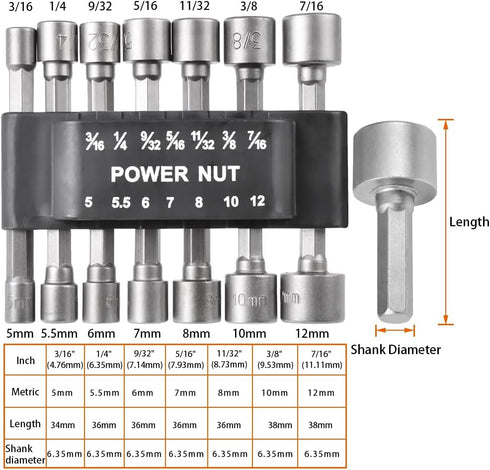 14Pcs Power Nut Driver Drill Bit Set, Chrome-Vanadium Steel, 1/4 inch Hex Shank, Quick Change Socket Wrench Tool