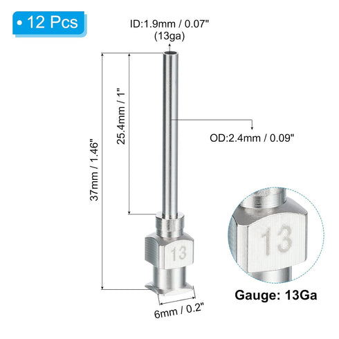 PATIKIL 13Ga x 1 Inch Stainless Steel Dispensing Needle Tips, 12Pcs Metal Glue Needle Tube Blunt Tips Luer Lock for Thick Glue Ink Lab, Silver