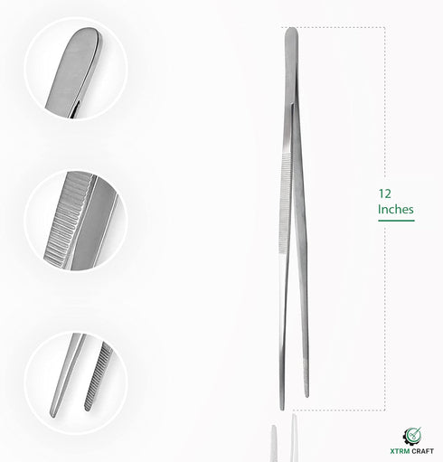Thumb Dressing Forceps, Multipurpose Stainless Steel Tweezer, Serrated Tip Straight 12 Inch