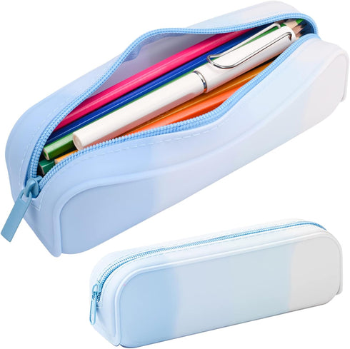 Pencil Case, Colorful Silicone Waterproof Pouch, Lightweight Portable Pen Bag for Office Supplies (Blue)