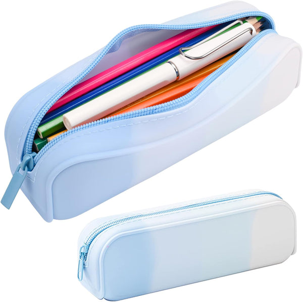 Pencil Case, Colorful Silicone Waterproof Pouch, Lightweight Portable Pen Bag for Office Supplies (Blue)