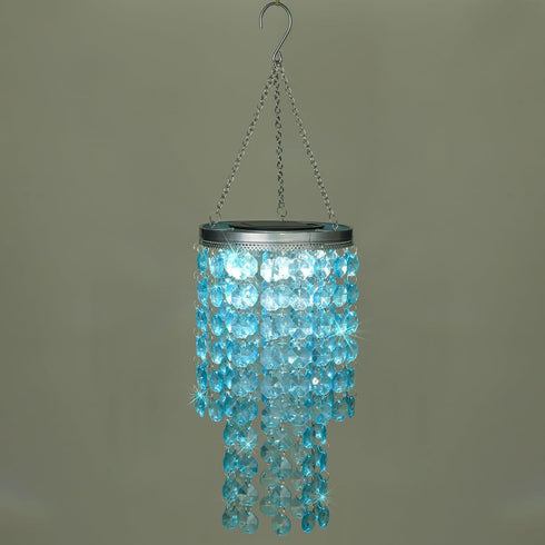 LEWIS&WAYNE 21 Hanging Solar Crystal Chandelier Outdoor, Modern Solar Blue Acrylic Beaded Lantern with Cool White LED S
