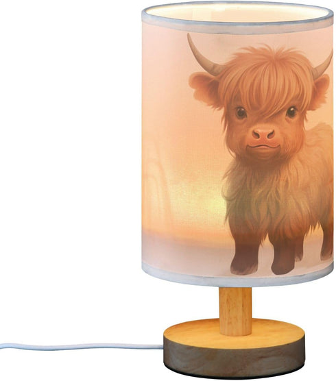 Oarencol Bedside Table Lamp Cute Highland Cow Animal Nightstand Lamp with Wood Desk Lamps for Bedroom Living Room