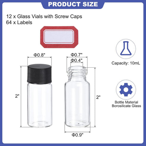 PATIKIL 10ml Clear Glass Vials, 12 Pack Sample Vials with Screw Cap Reagent Media Bottle with Labels Leak-Proof Liquid Sample Glass Vial for Lab Laboratory