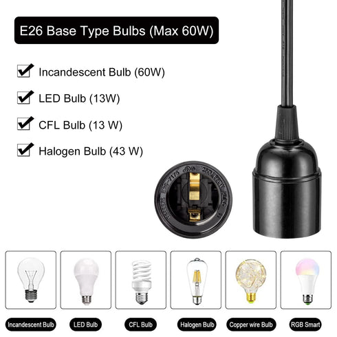 SIXZOONM 15Ft E26 Bulb Bulb) Hanging Light Cord - Black, Pendant Light Cord with Light Socket, On/Off Switch, Polarized