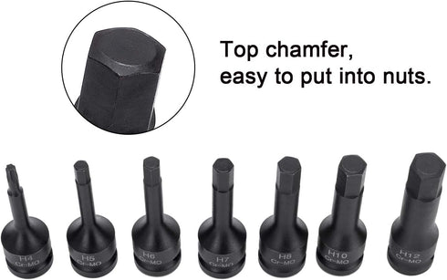 3/8 Inch 4/5/6/7/8/10/12 MM Set, 7 Drive Hex Bits Impact Allen Socket Piece Cr-Mo One-Piece Construction Metric Hex