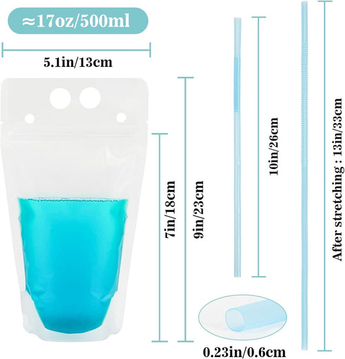 100 17oz MAQIHAN Drink Pouches with Straws Individually-Wrapped - Juice Drink Pouches Adult Clear Plastic Halloween