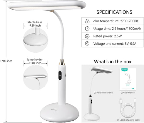 6778B 2700-7000K 700 360 2.5hrs VAVOFO LED Desk Lamp - Touch Control, Adjustable Color Temperature, Lumens, Flexible