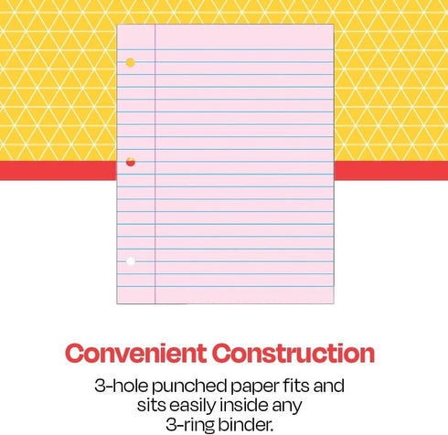 School Smart 3-Hole Punched Filler Paper, 8-1/2 x 11 Inches, Pink, 100 Sheets