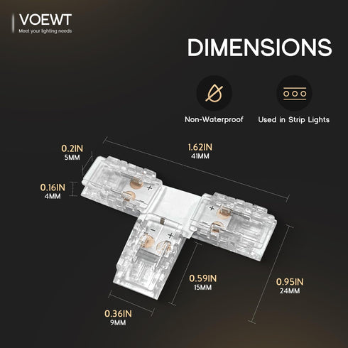 6 Pack 2-Pin 8mm 12/24V Led Strip Light T-Shaped Corner Connectors,Unwired Clips Transparent Solderless No Dark Area