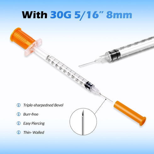 CAILOS 0.5ml 30 Gauge Syringes, 0.5cc 5/16 Inch Disposable Lab Supplies, Pack of 100