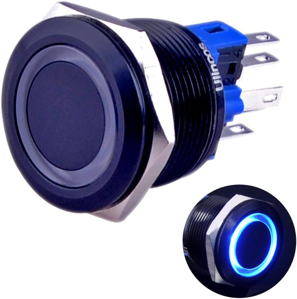 Momentary Push Button Switch U22A1, 1NO1NC Black Metal Shell with 12V Blue LED Ring