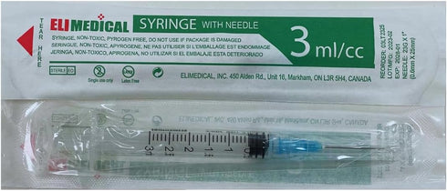 Veterinary Syringe with Needle, Luer Lock 3cc (3ml), 23G x 1 inch, Individually Sealed, 100 per box