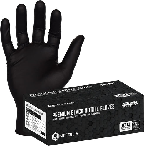 6 Mil Black Disposable Nitrile Gloves, Powder-Free Fully Textured Ambidextrous Food Safe, Size: 2XL (Box of 100)