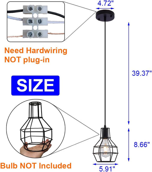 EFAYCRR Industrial Pendant Light, Rustic Farmhouse Pendant Light, Black Metal Wire Cage Hanging Light Fixture