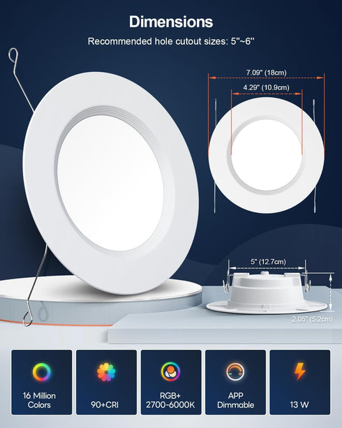 6 Inch, 13W 1300LM, Dimmable, 1 Pack Smart Recessed Lighting RGBCW Color Changing LED Can Lights Bluetooth, Flicker