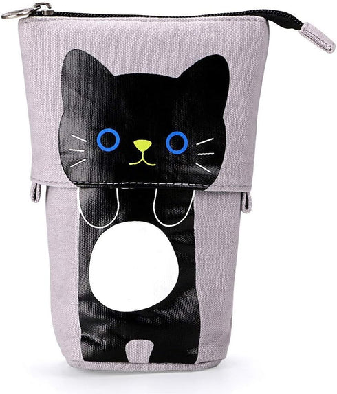 Telescopic Pencil Pouch, Cute Standing Pen Holder, Canvas+PU Storage Box with Zipper Closure (Gray)