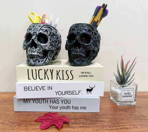 CUZOKOLA Goth Accessories - Black Skull Decor Pen Holder with Strong Resin for Vanity, Office Organizer, Skull Planter