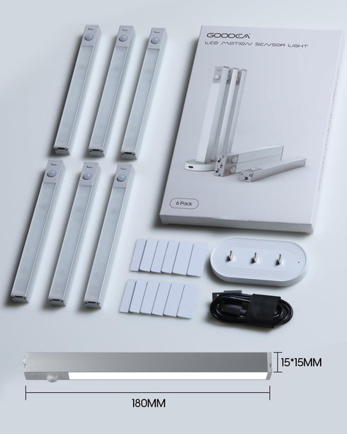 6 Pack 7 Dimmable Closet GOODEA Led Under Cabinet Lights Wireless with Charging Station, Rechargeable Motion Sensor