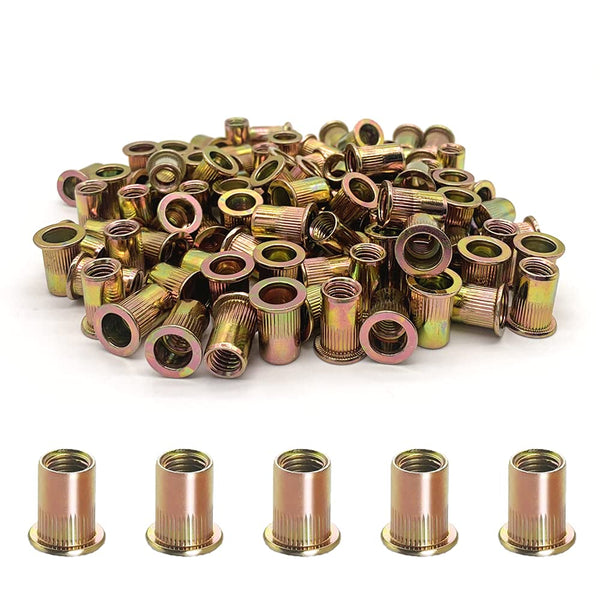 vrupin 100PCS-Rivet Nuts,3/8"-16 Carbon Steel UNC Rivet Nut Assortment Kit, Flat Head Threaded