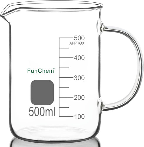 Glass Beaker with Handle, 500 ml Clear Graduated Low Form Griffin Beaker with Pouring Spout