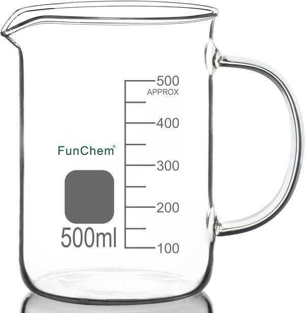 Glass Beaker with Handle, 500 ml Clear Graduated Low Form Griffin Beaker with Pouring Spout