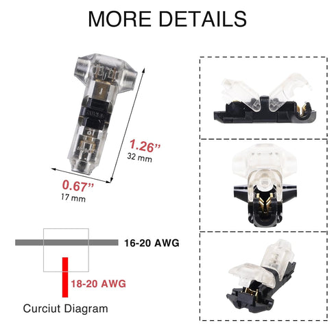 Brightfour T Tap Wire Connectors for 16-20 AWG Wires, Solderless 3 Way 1 Pin Wire Connectors, 12 Pack