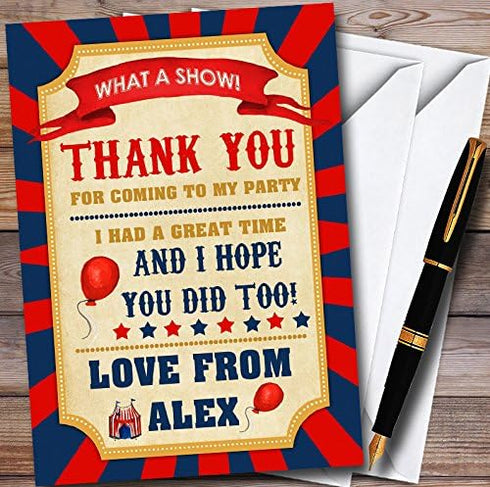 The Card Zoo Vintage Blue & Red Circus Carnival Personalized Childrens Birthday Party Thank You