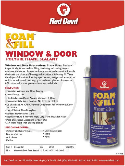 Red Devil 0914 Foam & Fill Window & Door Polyurethane Foam Sealant, 12 oz, Off White, Pack of 1