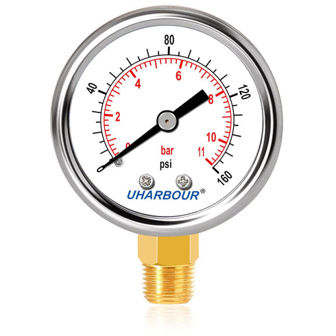 Lead-Free Pressure Gauge 0-160psi, 1/4" NPT Lower Mount, 2" Dial, Stainless Steel Case for Water, Air
