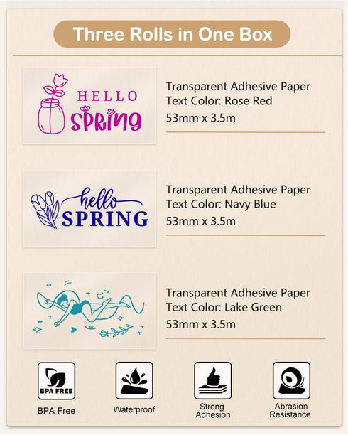 50mm, M02/M02S/M02 PRO/M04S/M04AS 3 Phomemo Color Text Transparent Thermal Paper, Rose Red/Lake Green/Nave Blue Text