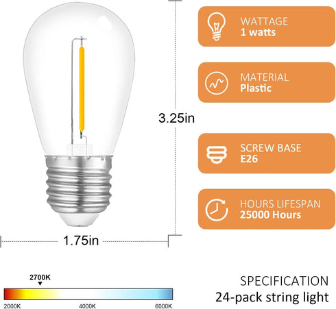 24-Pack String Light Bulbs, S14 Outdoor Waterproof Replacement Bulb, E26 Base Bulbs, 1W 120V, 2700K Warm White by Visther
