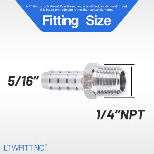 LTWFITTING Stainless Steel 316 Barb Fitting Coupler/Connector, 5/16" Hose ID x 1/4" Male NPT, Pack of 5