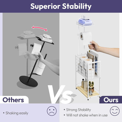 4-Tier SWTYMIKI Freestanding Toilet Paper Holder - Free Standing Toilet Paper Holder Stand with Shelf, Bathroom Storage