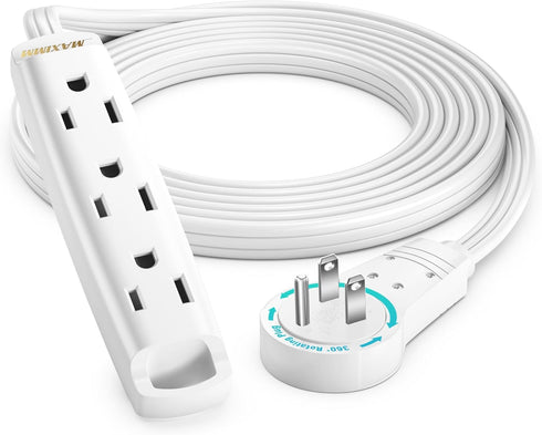 Maximm 6 Ft 360 Degree Rotating Flat Extension Cord, Multi 3 Outlet Power Cord with Loop, Grounded 16 AWG, White