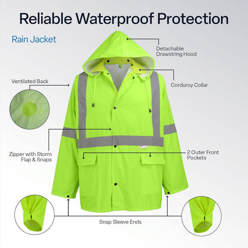 GGS Three-Piece Rain Suit - High Visibility, Waterproof Bibs and Jacket with Detachable Hood, Lightweight Rainwear