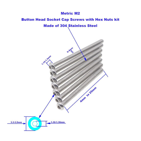 Metric M2 304 Stainless Steel Button Head Socket Cap Screws - Nuts Assortment Kit