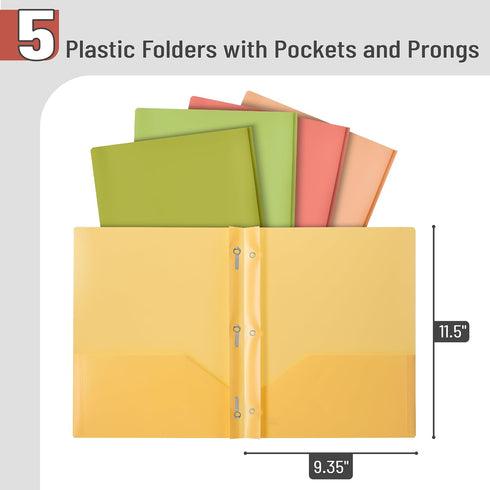 Mr. Pen- Plastic Folders with Pockets and Prong, 5 Pack, Assorted Colors, Pocket Folders, Folders with Prongs, File Folders with Fasteners, 2 Pocket Folder, Folder with Pockets, Two Pocket Folder by Mr. Pen