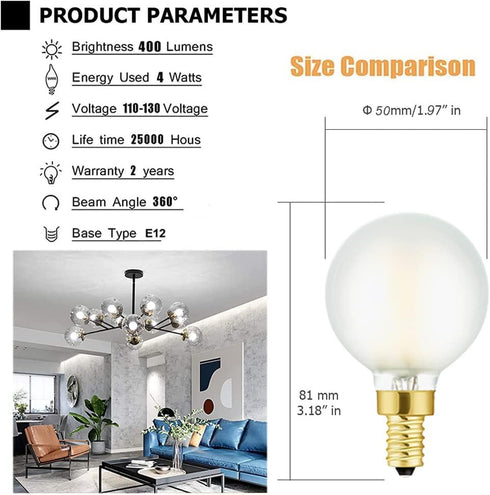 E12 Bulbs, 40W Dimmable Bulbs 4000k G16.5 4W E12 g50 Bulb 6Pack LEOOLS Frosted LED Candelabra Chandelier Light Daylight