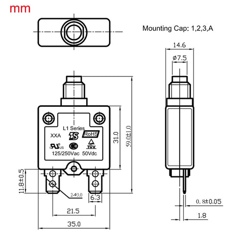 Thermal Circuit Breaker 5 Amps, Thermal Overload Protector L1 Series 125-250V AC 50V DC Push Button Manual Reset