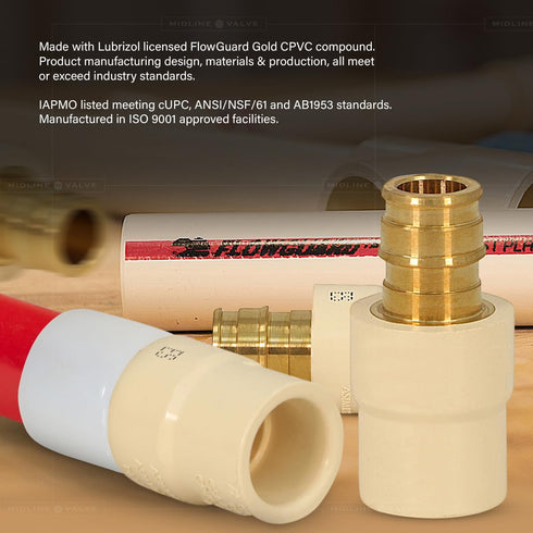 Midline Valve CSDQFG012-OM 1/2'' Lead-Free Brass Expansion PEX x CPVC Adapter Pipe Fitting, Single