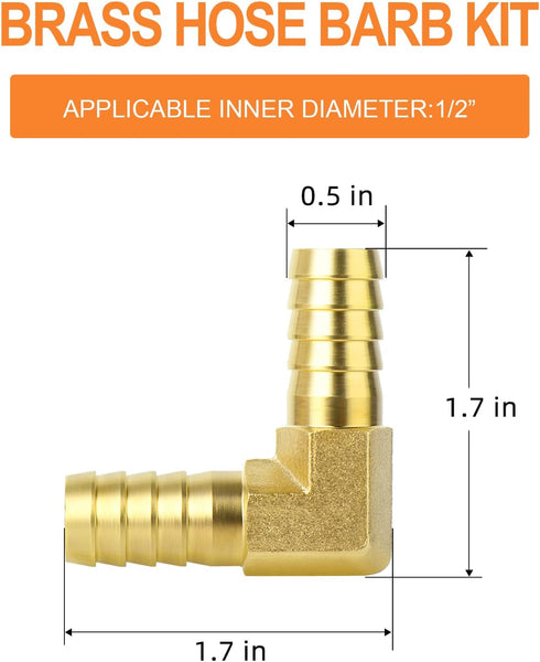 GASHER 2 Pieces Brass Hose Barb Reducer, 1/2 Inch to 1/2 Inch 90 Degree Elbow with 4 Hose Clamps