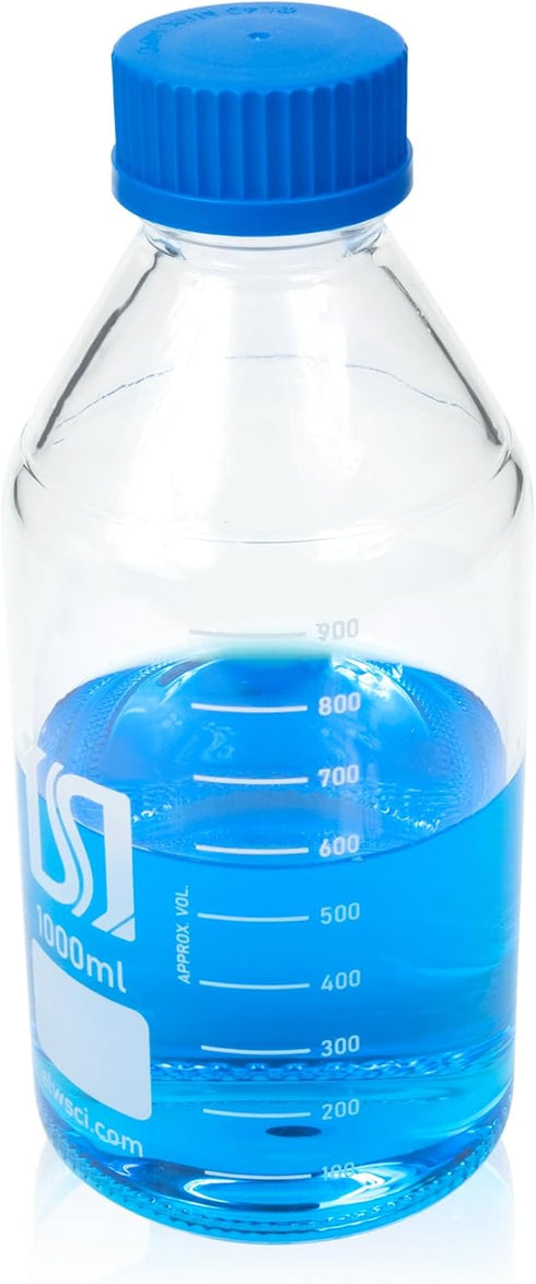 1000ml Graduated Glass Round Media Storage Bottle, Blue GL45 Screw Cap, 3.3 Borosilicate Glass